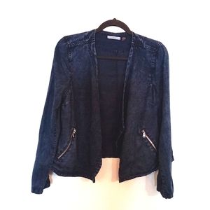 DEX Women's Dark Blue Distressed Denim Waterfall Moto Jacket Size S/M